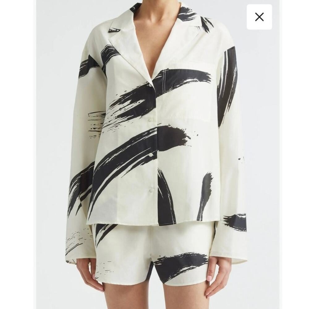 LOULOU DE SAISON Sana Loose Fit Button-Up Shirt in Ivory/Black SZ M